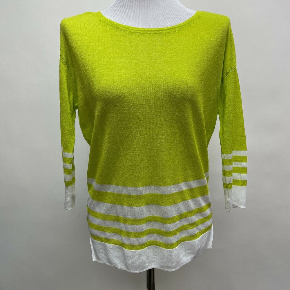Ann Taylor‎ Women's Top X-Small Green White Striped Linen Rayon Blend